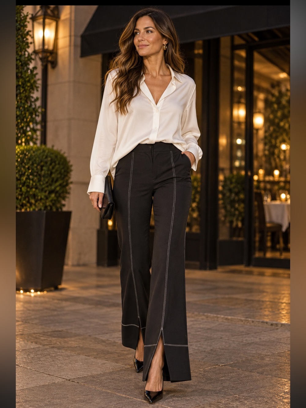 Wide Leg Pants Black White Contrast Stitch Split Hem Stretch INC Size 6